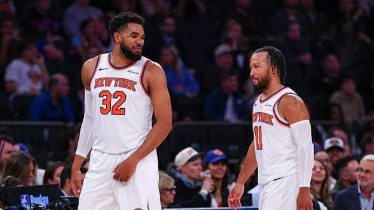 Karl-Anthony Towns and Jalen Brunson in New York Knicks jerseys