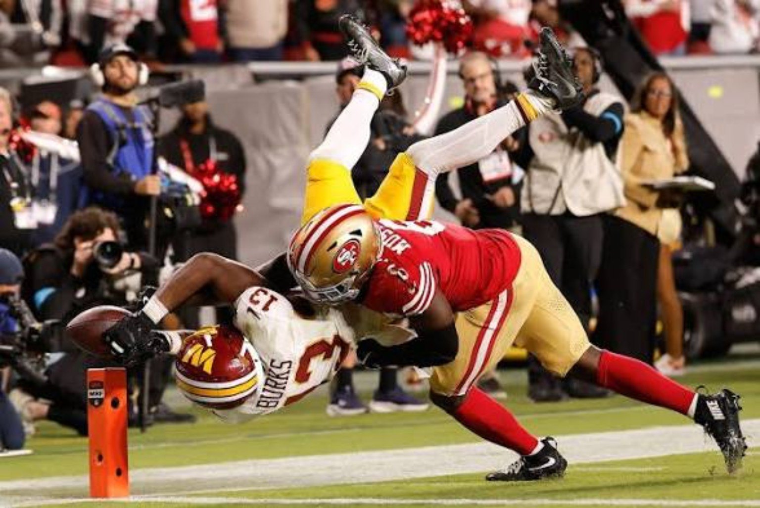 Another view of the decisive defensive stop near the goal line.