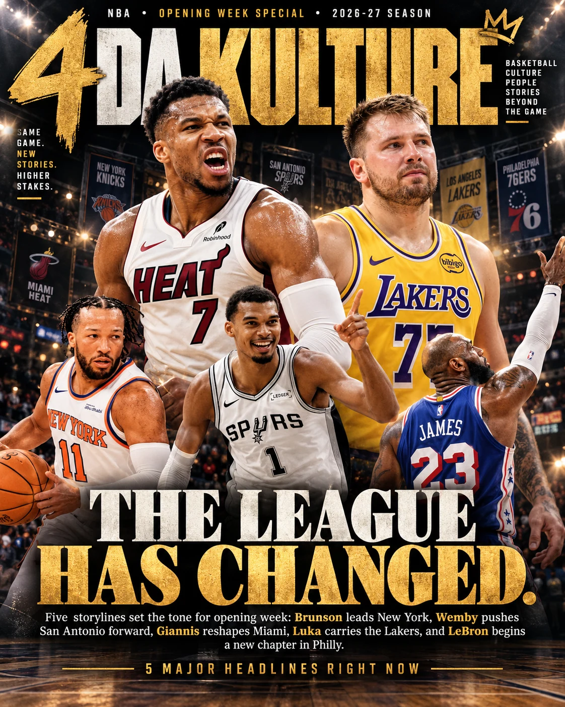 4DK opening-week magazine cover: Brunson, Wembanyama, Giannis, Doncic and LeBron, The League Has Changed