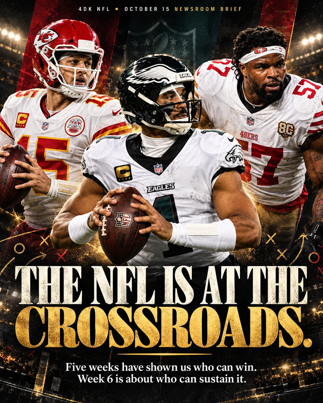 Magazine-style illustrated 4DK NFL Week 6 Desk cover with Mahomes, Hurts and Greenlaw