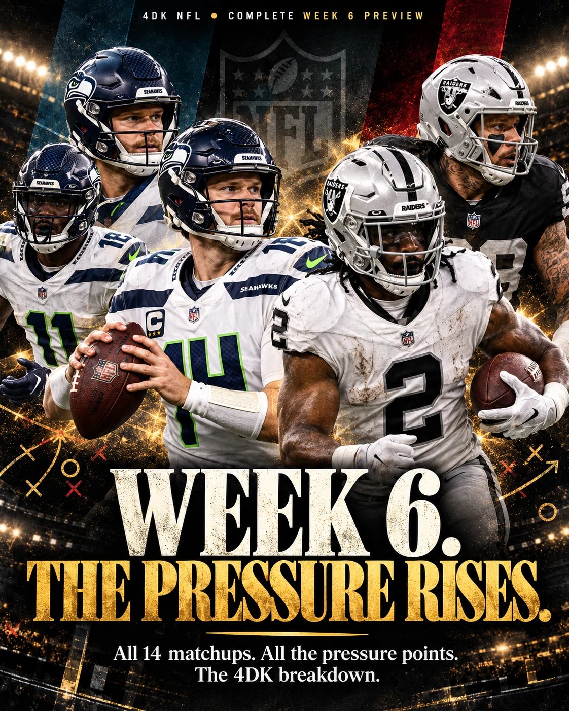 Magazine-style illustrated 4DK NFL Week 6 Preview cover featuring Seahawks and Raiders