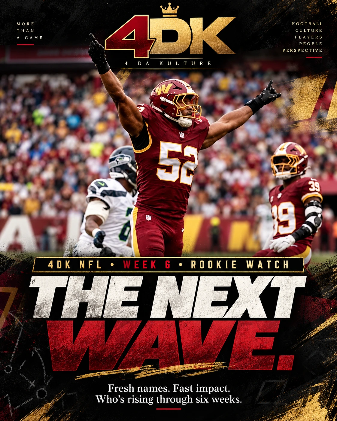 4DK Week 6 Rookie Watch editorial magazine cover, The Next Wave, featuring Washington football action photography