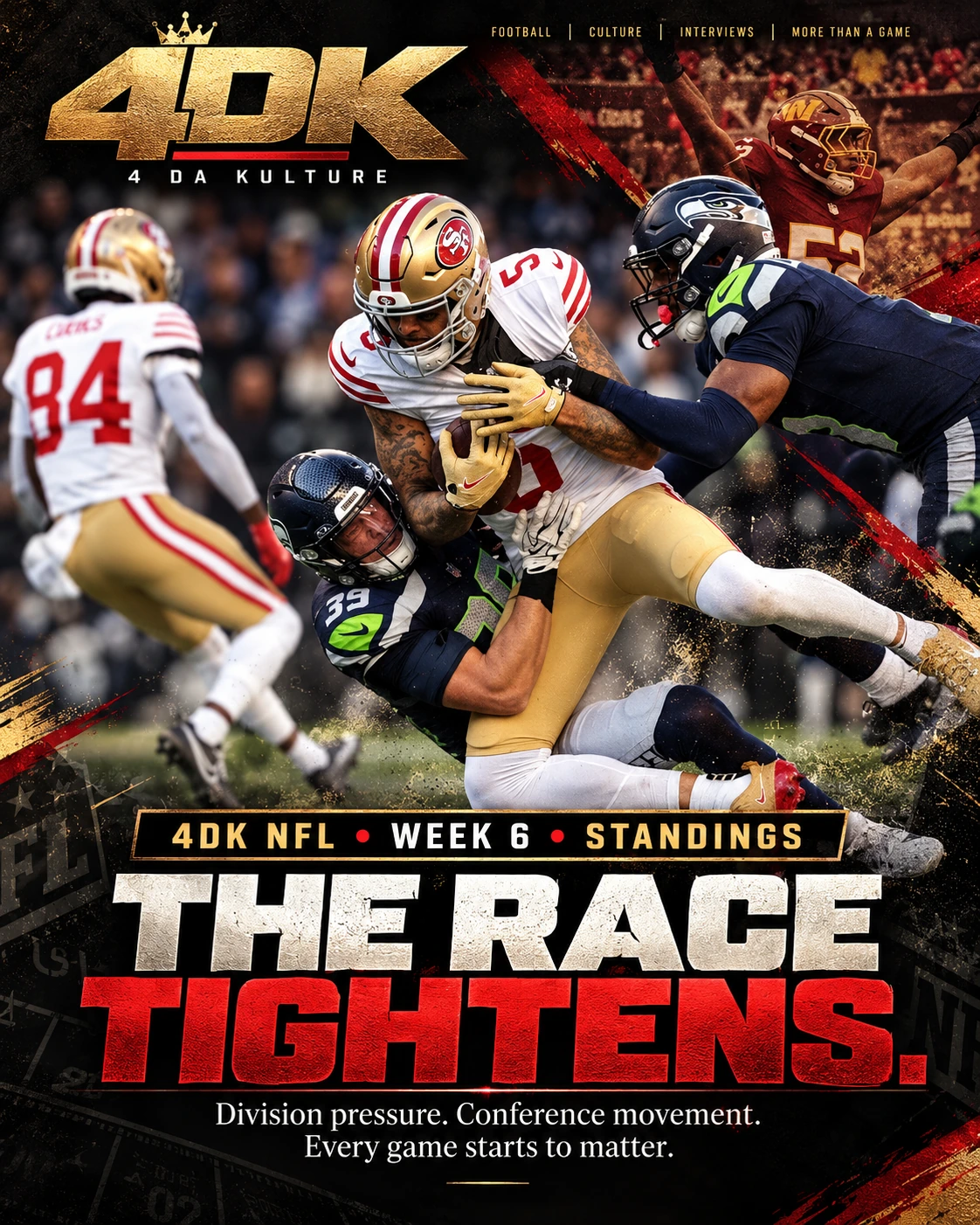 4DK NFL Week 6 standings editorial magazine cover, The Race Tightens, featuring a San Francisco football action photograph