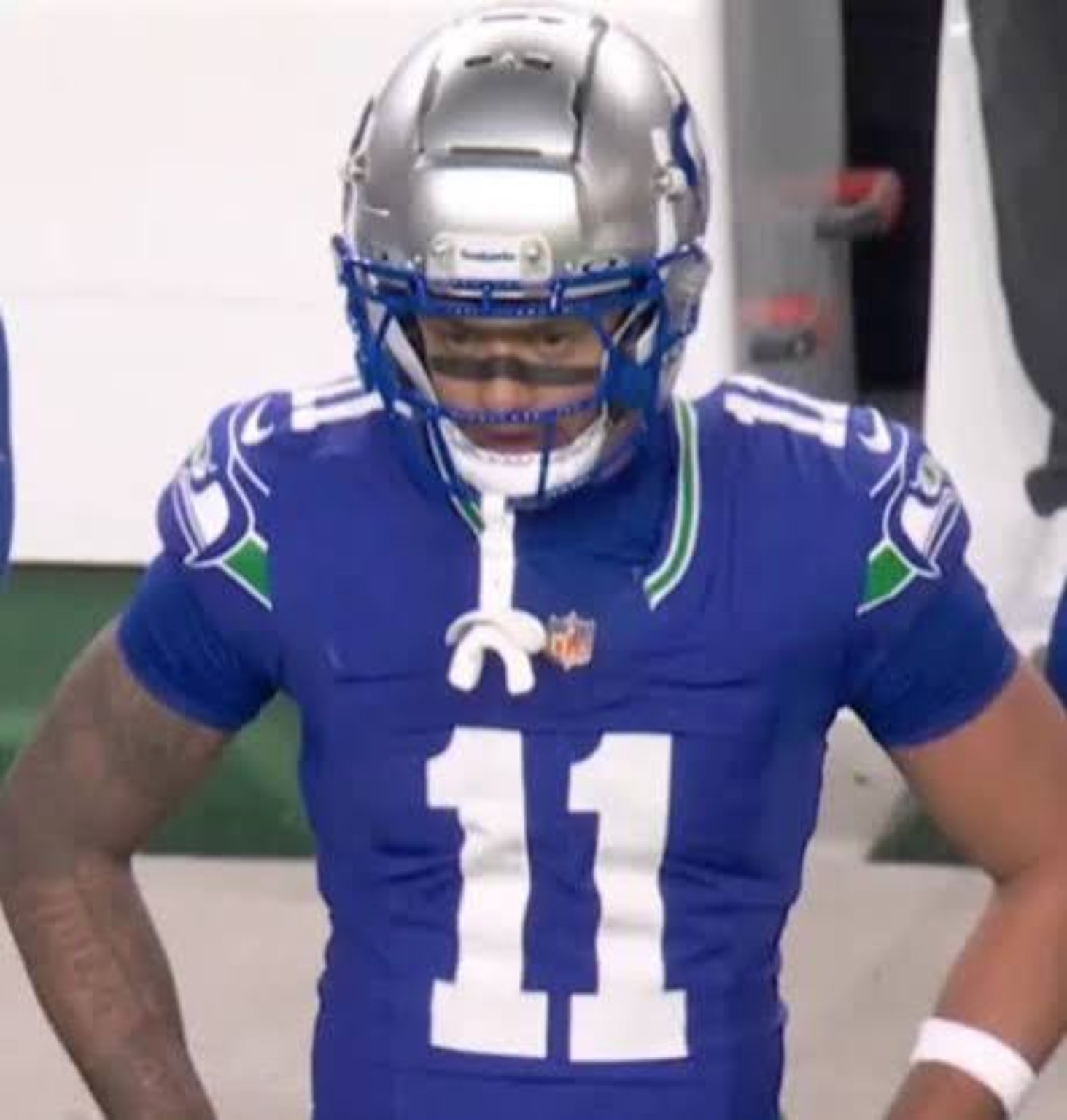 Seattle receiver Jaxon Smith-Njigba in Seahawks blue number 11 jersey