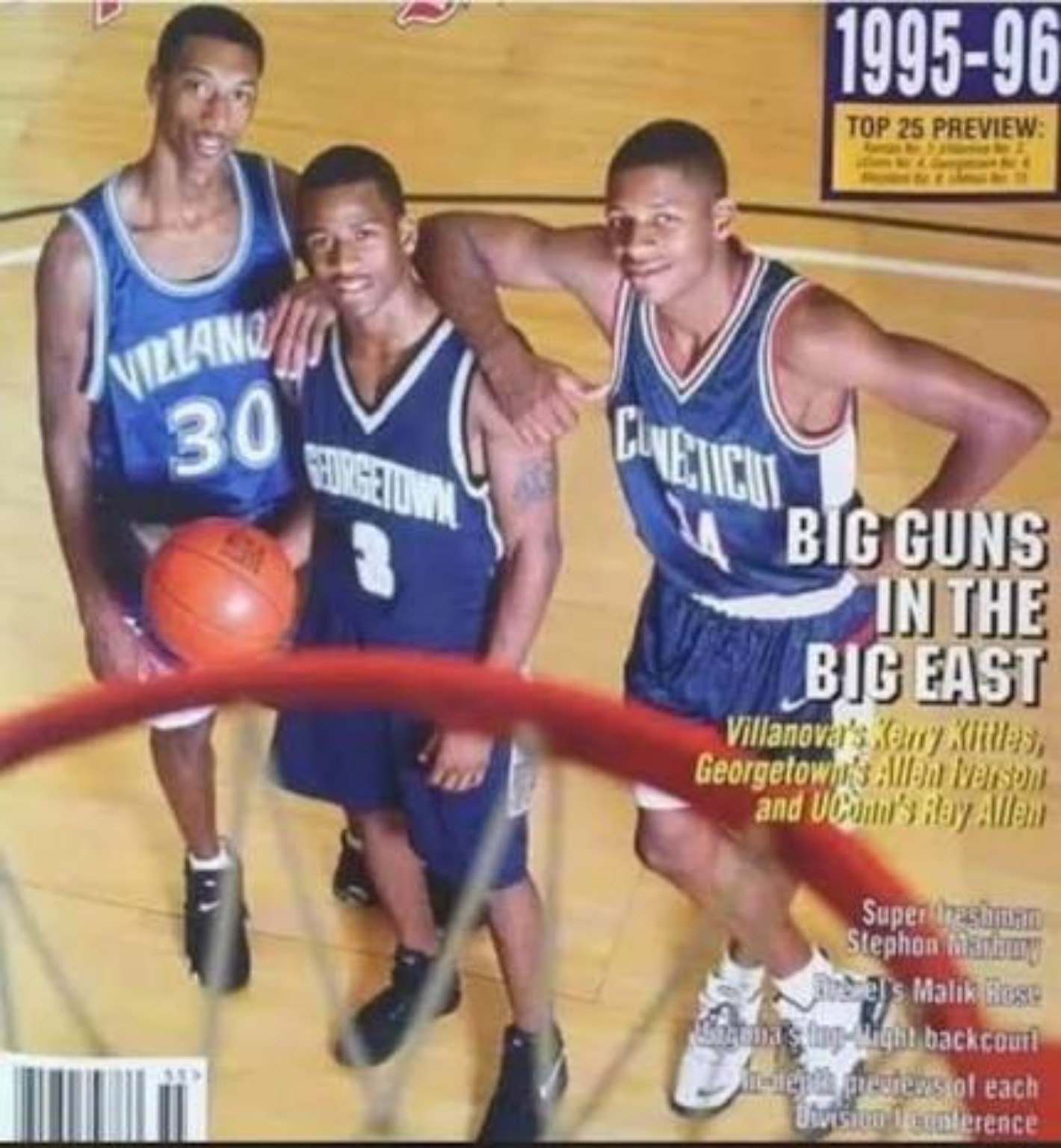 1995-96 college basketball magazine cover featuring Big East guards including Allen Iverson