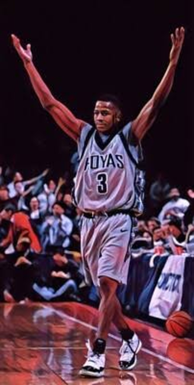 Allen Iverson celebrating in a Georgetown Hoyas number 3 uniform