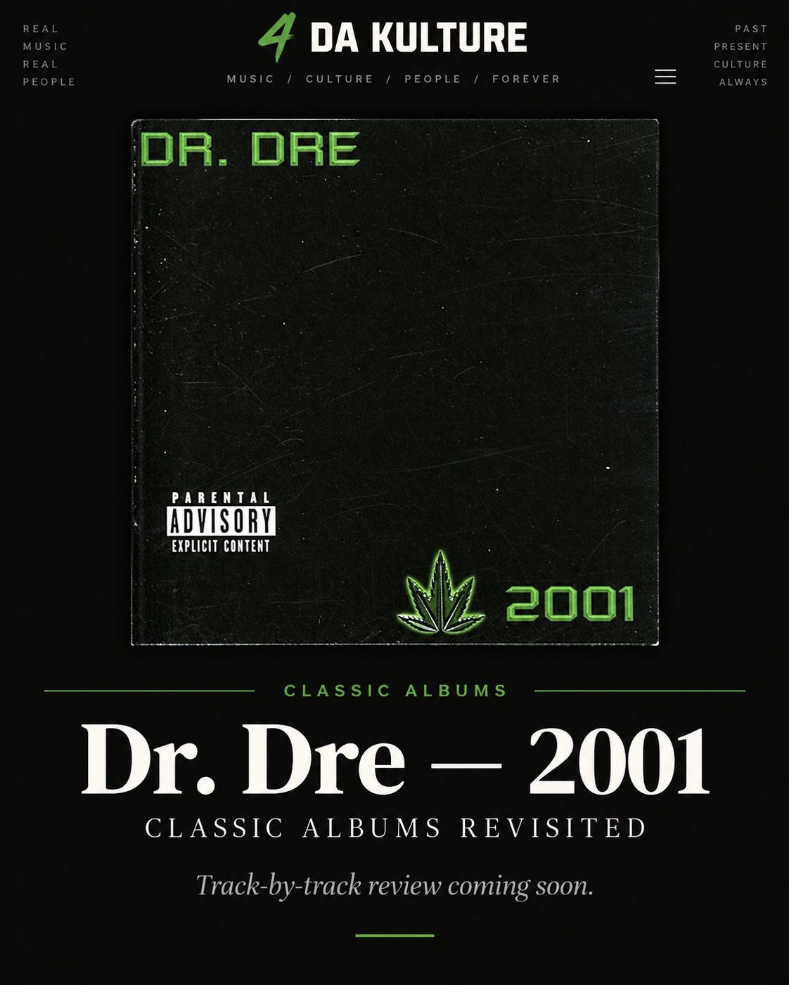 4 Da Kulture Classic Albums Revisited graphic for Dr. Dre's 2001