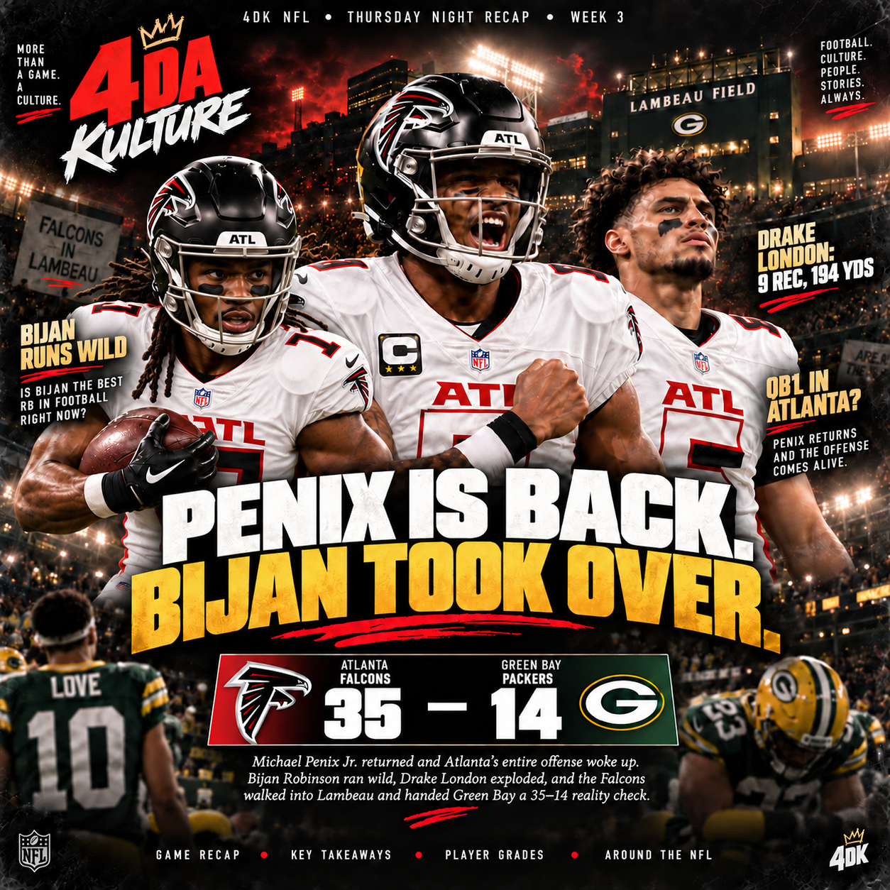 4 Da Kulture Week 3 Thursday Night Football recap graphic for Atlanta Falcons 35, Green Bay Packers 14, featuring Michael Penix Jr., Bijan Robinson and Drake London.