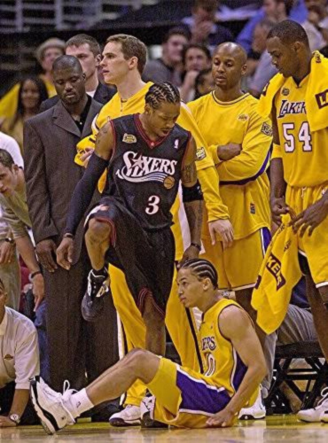 Allen Iverson stepping over Tyronn Lue during Game 1 of the 2001 NBA Finals against the Los Angeles Lakers