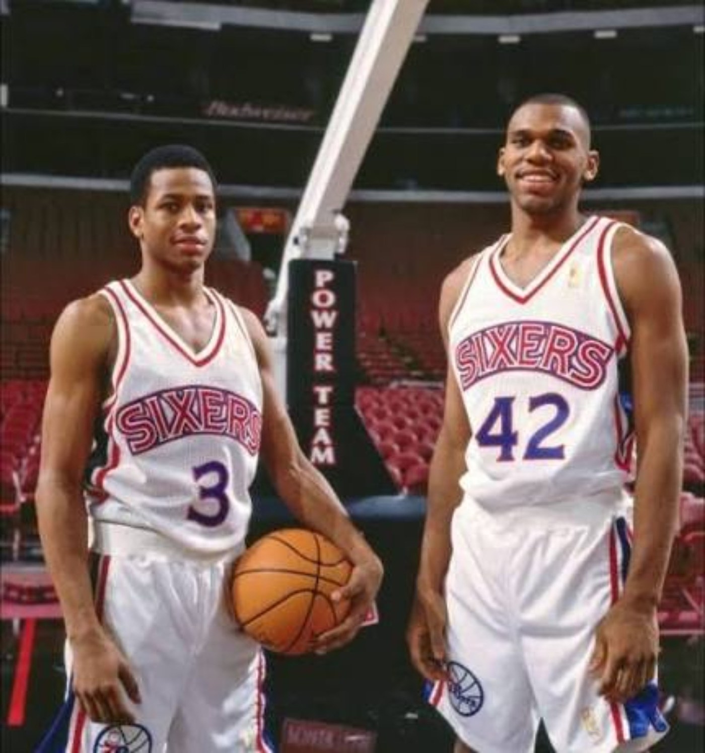 Allen Iverson and Jerry Stackhouse together in Philadelphia 76ers uniforms during Iverson's early NBA years