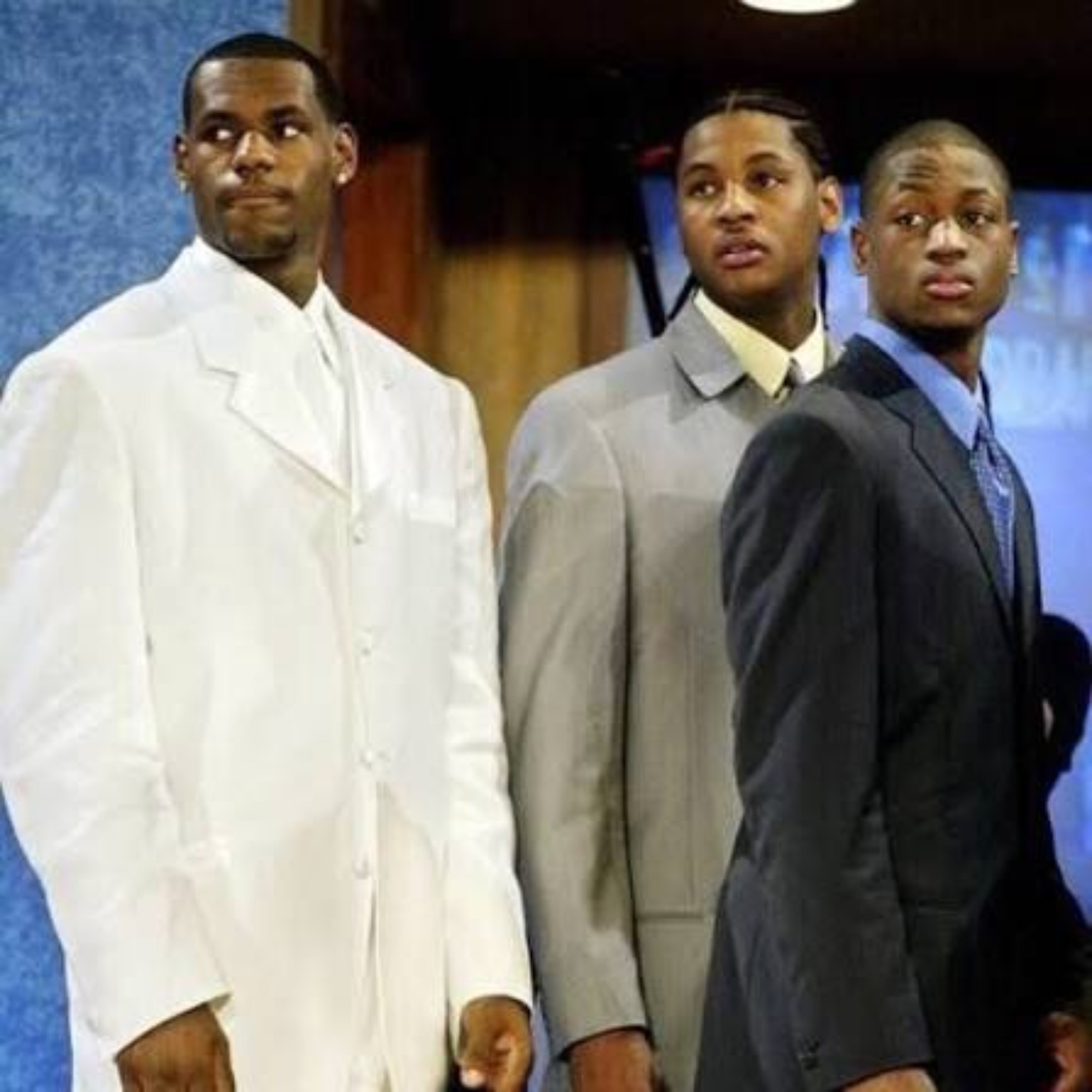 LeBron James, Carmelo Anthony and Dwyane Wade dressed in suits around 2003 NBA draft time