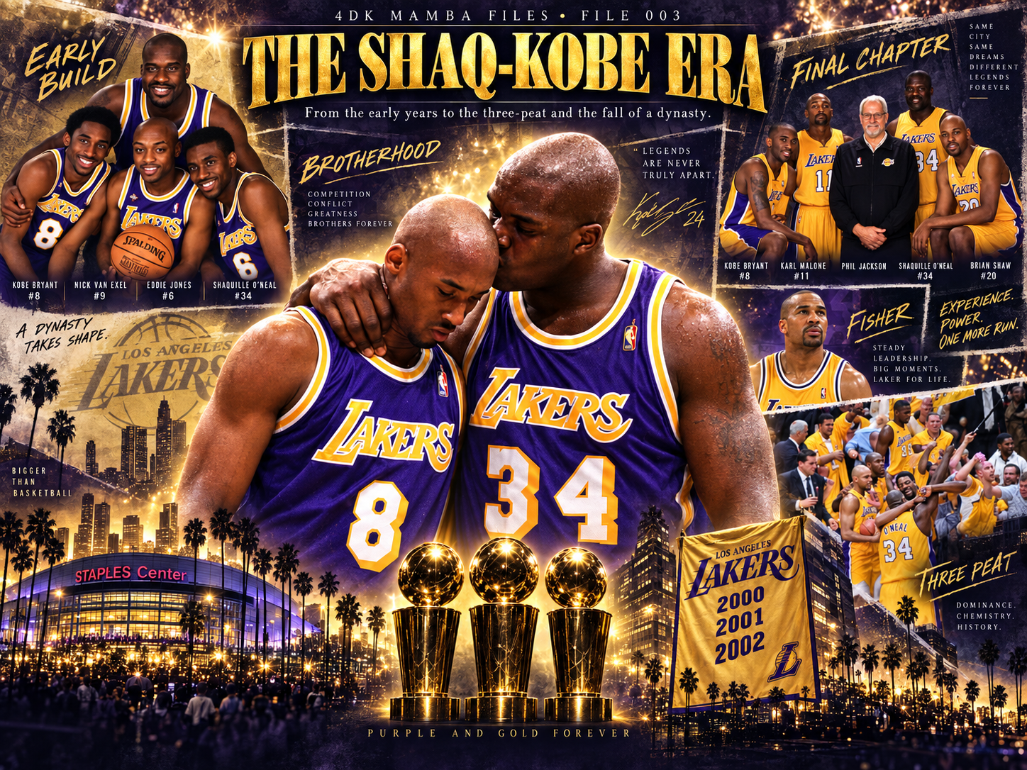 4DK editorial collage celebrating the Shaq and Kobe Lakers dynasty era