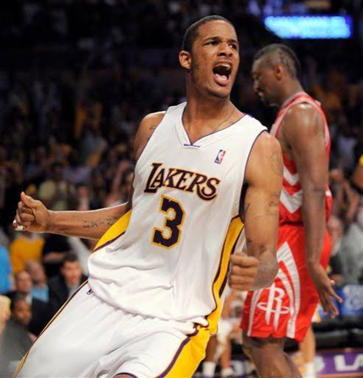 Trevor Ariza celebrating against Houston