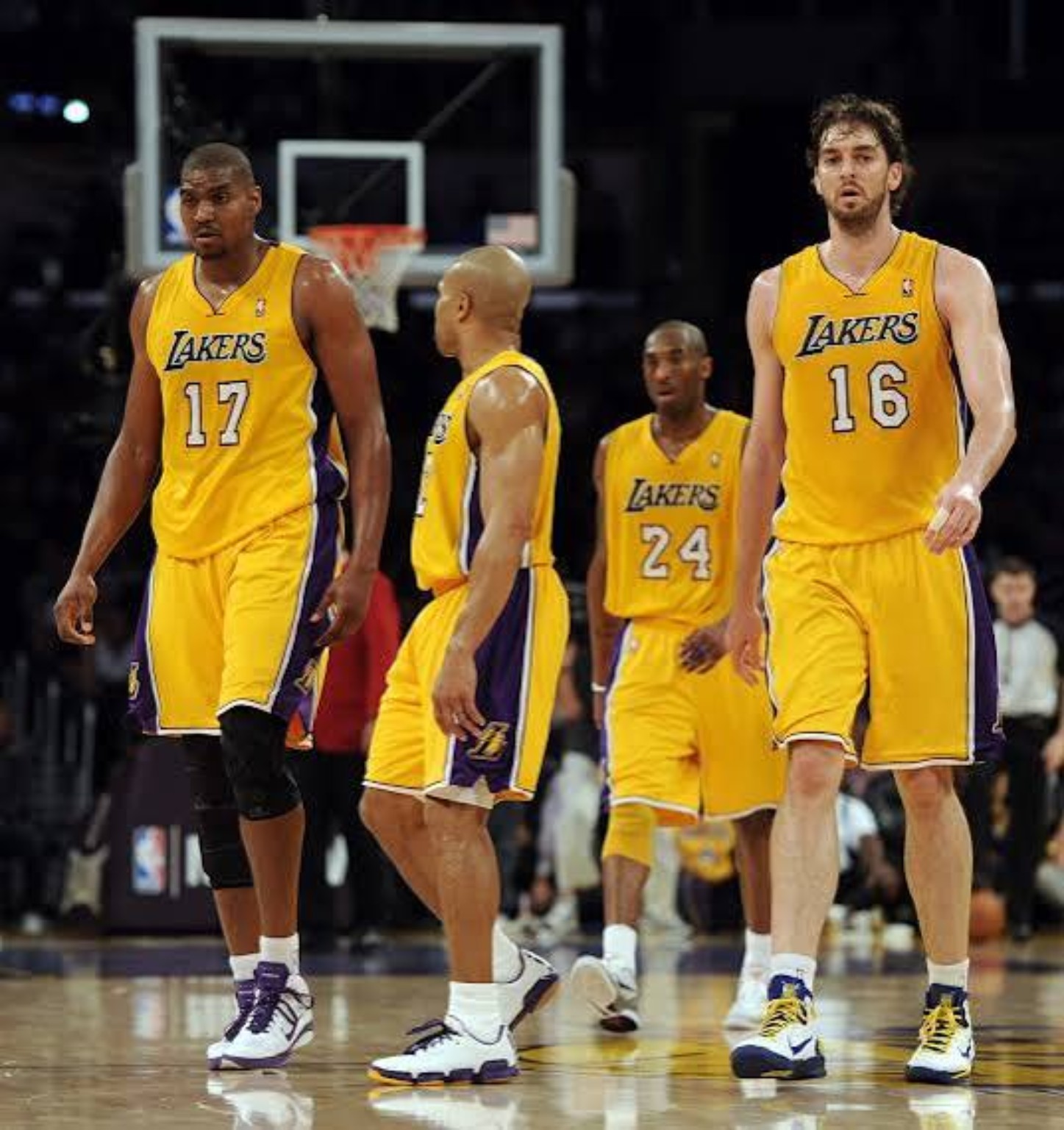 Andrew Bynum and Pau Gasol with Kobe Bryant and Derek Fisher