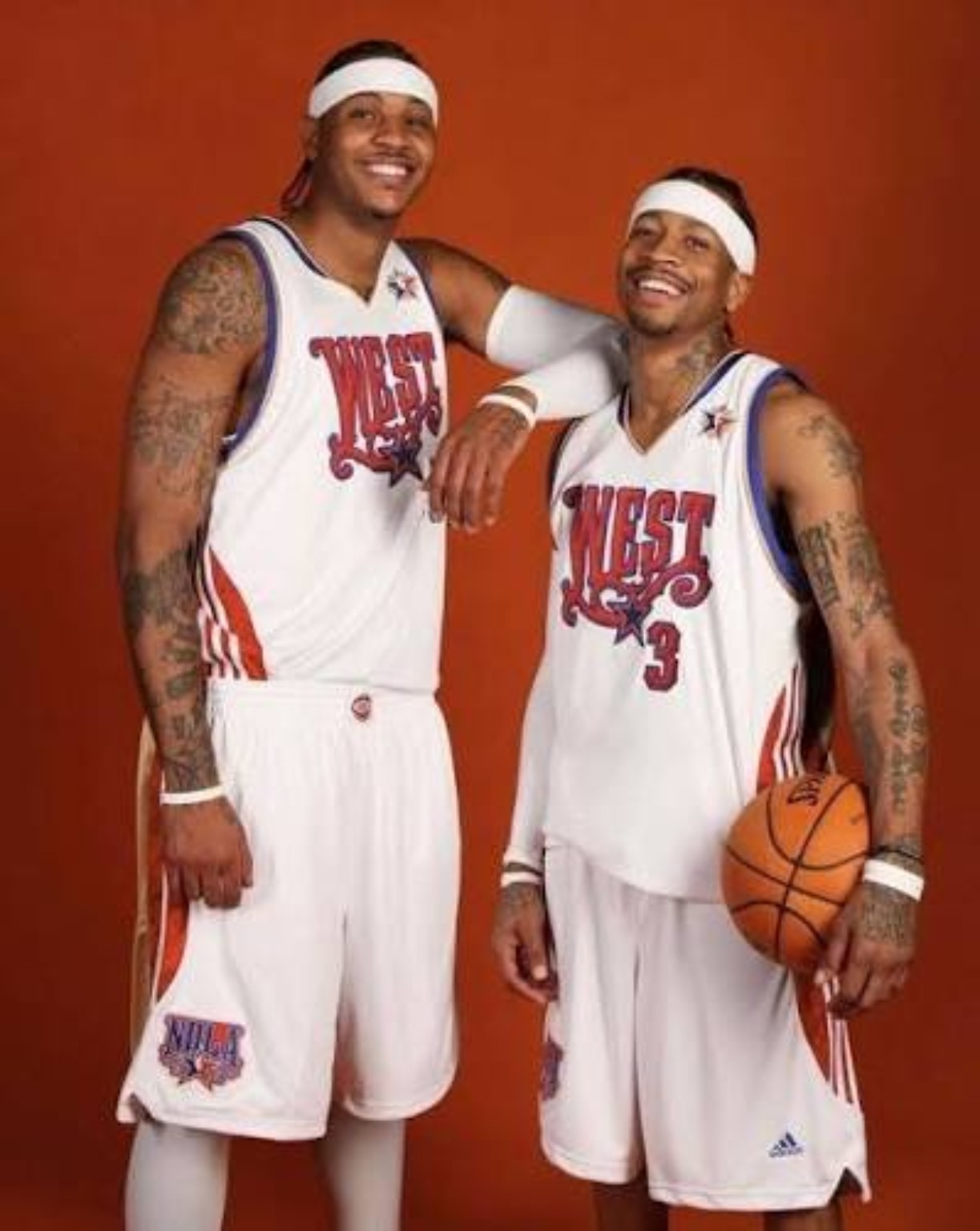 Carmelo Anthony and Allen Iverson in All-Star uniforms