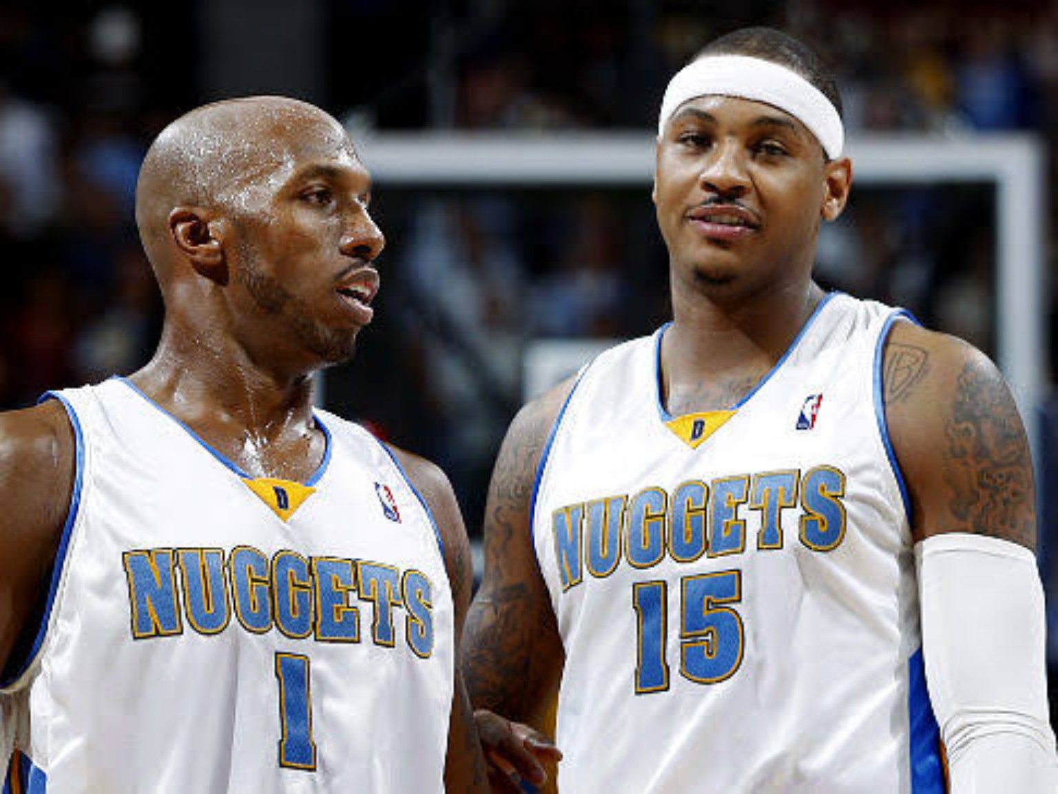 Carmelo Anthony with Chauncey Billups in Denver uniforms