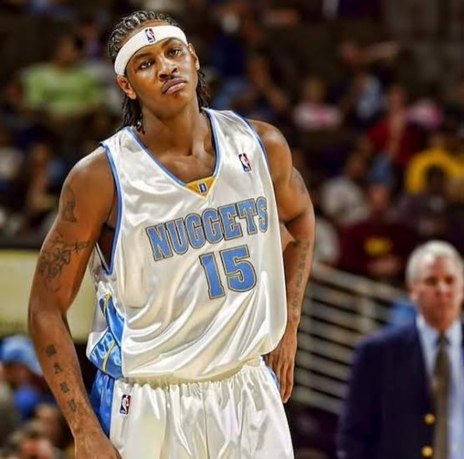 Carmelo Anthony in a Denver Nuggets No. 15 uniform