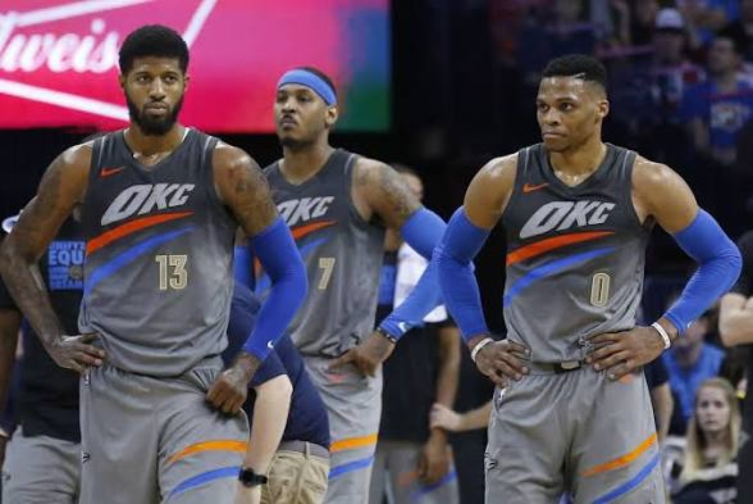 Carmelo Anthony with Paul George and Russell Westbrook in Oklahoma City uniforms