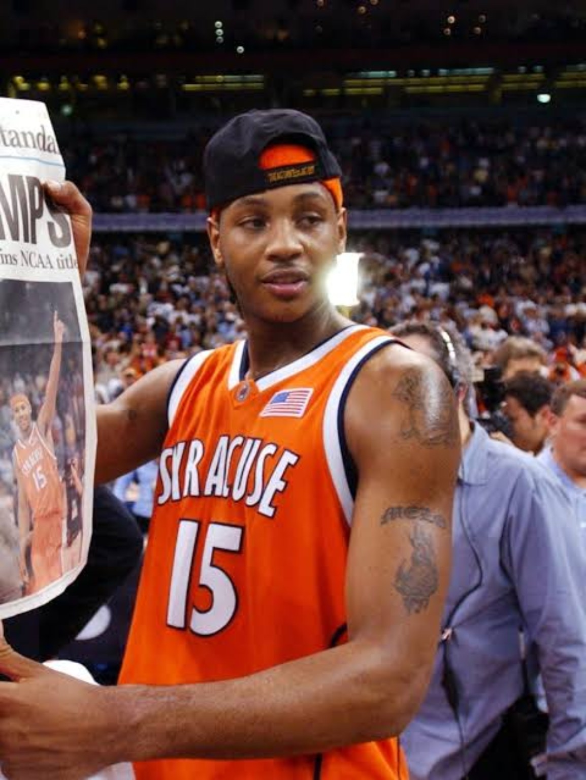 Carmelo Anthony celebrating Syracuse's championship