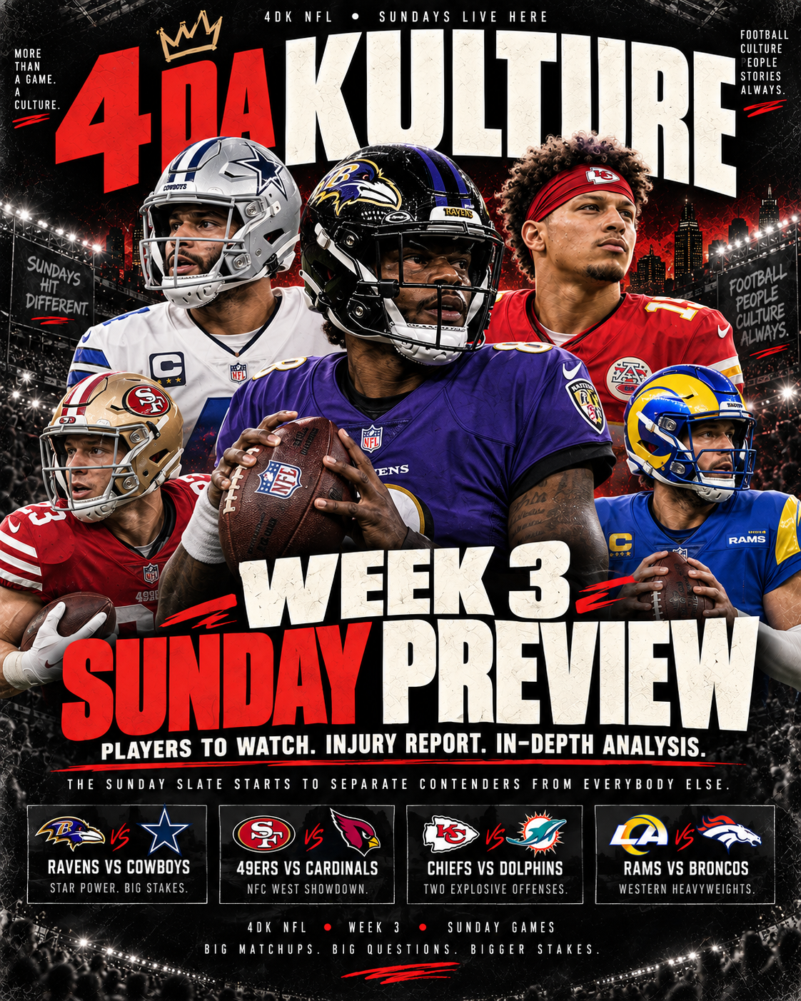 4 Da Kulture NFL Week 3 Sunday Preview poster featuring major Week 3 players and matchups