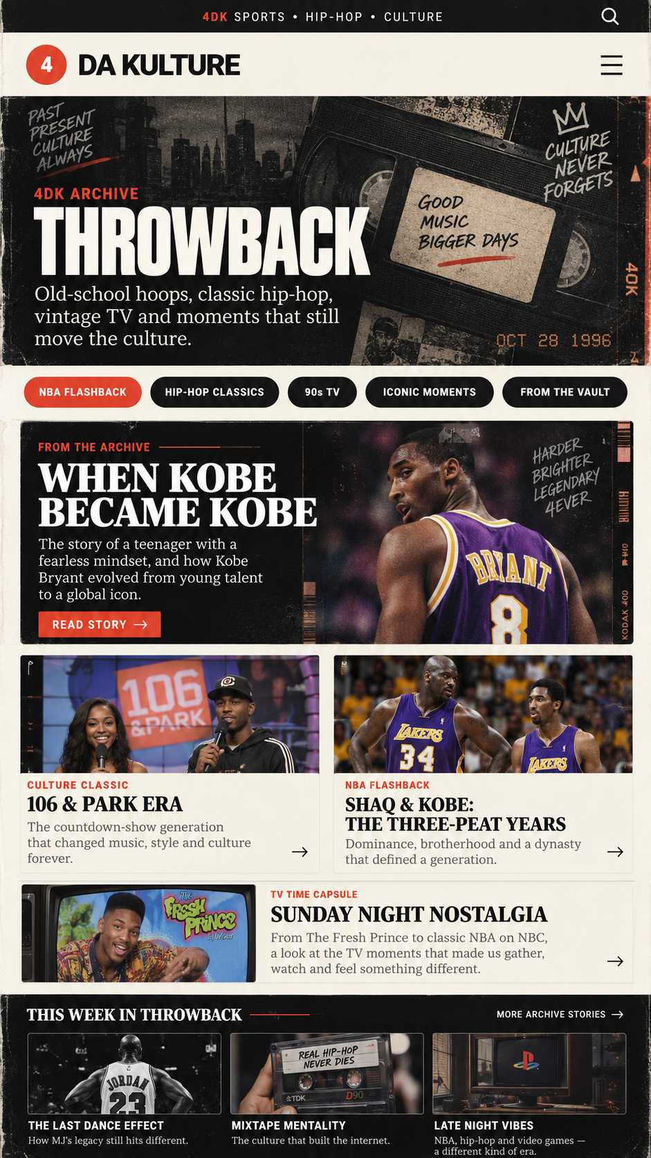4DK Throwback archive artwork with a VHS and classic sports, hip-hop and television nostalgia